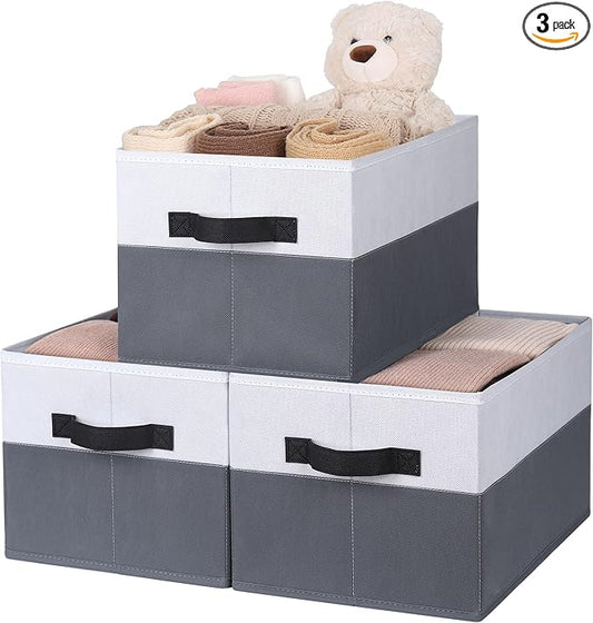 WUIKE Fabric Storage Bins, Extra Large Baskets for Organizing, Storage Bins for Shelves with Handles, Closet Organizer for Clothes, Gray & White, Extra Large, 3-Pack