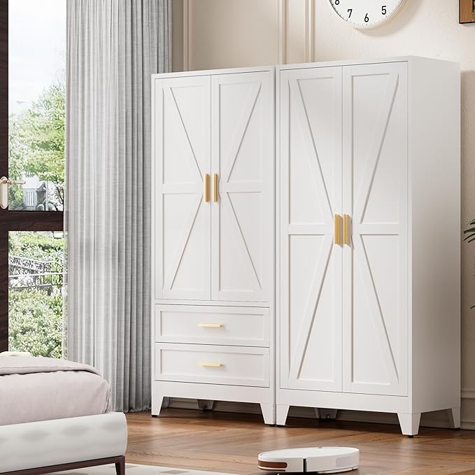 71'' Farmhouse Metal Wardrobe Cabinet with Hanging Rod, 2 Barn Door Wardrobe Closet with 2 Adjustable Shelves,for Dining Room,Bedroom,Living Room, Cloak Room,Office (White)