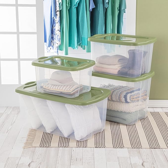(2 pack) 70 Quart Heavy-Duty Plastic Storage Bin with Full-Grip Handles and Lids,Green Clear Stackable Storage Bins for Hoilday Decor|Garage Organization