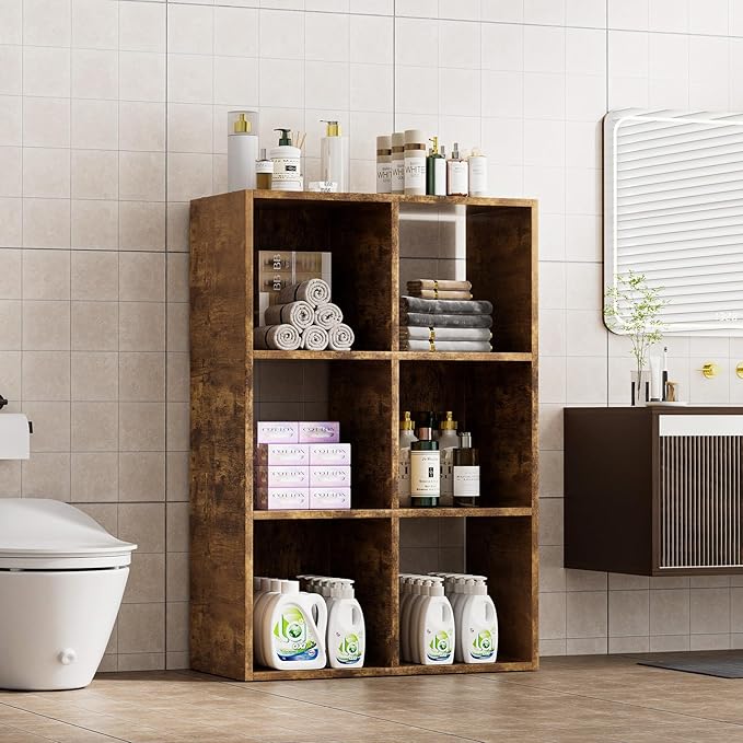 COMHOMA 6 Wood Cube Storage Organizer with Open Back and Removable Back Panels, 11In Brown Cube Storage Bookshelf, Cubicle Shelf Bookcase for Home Office Bedroom Living Room, Vertical or Horizontal