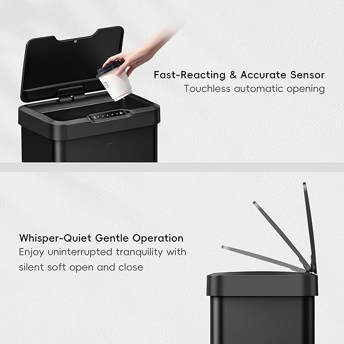 EKO Mirage-T 50 Liter / 13.2 Gallon Touchless Rectangular Motion Sensor Trash Can, Brushed Stainless Steel Finish (Matte Black)