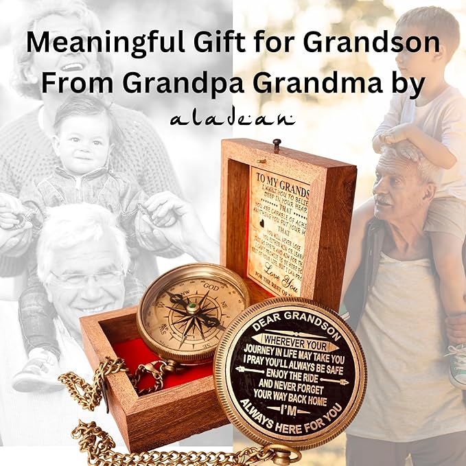 Gift for Grandson Brass Compass Engraved Quote | Memory Present to My Grandson Birthday, Baptism, Graduation, Confirmation, Love, Gift idea by Grandpa Grandma