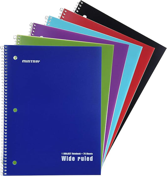 Mintra Office Spiral Notebooks - 1 Subject, Poly Cover, 70 Sheets, WIDE Ruled, 8in x 10in, Bulk Pack, Primary Color Waterproof Covers, Set of 6 - for School, Office, Business, Professional (04658)