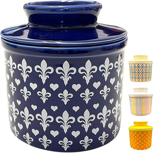 Butter Crock with Lid for Countertop, Butter Keeper Crock with Water, French Butter Dish Ceramic, Butter Holder with Lid for Spreadable Butter, Butter Container for Counter (Blue Fleur, Navy)