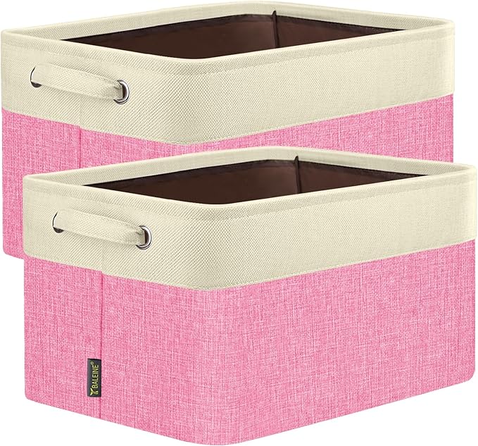 BALEINE 2 Pack Fabric Storage Bins for Shelves, Linen Storage Baskets for Organizing, Decorative Closet Bins for Clothes, Home (Pink, 14''x10''x8.5')