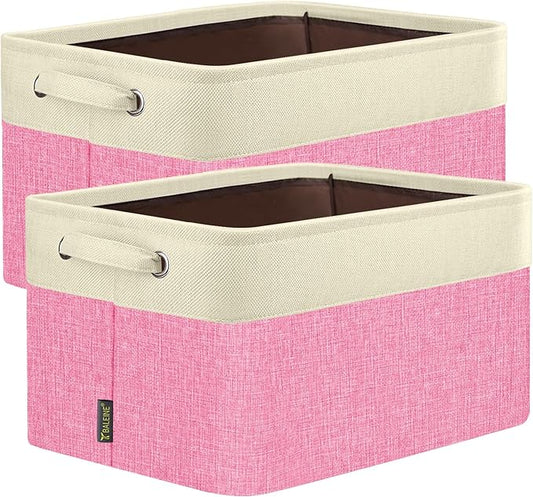 BALEINE 2 Pack Fabric Storage Bins for Shelves, Linen Storage Baskets for Organizing, Decorative Closet Bins for Clothes, Home (Pink, 14''x10''x8.5')