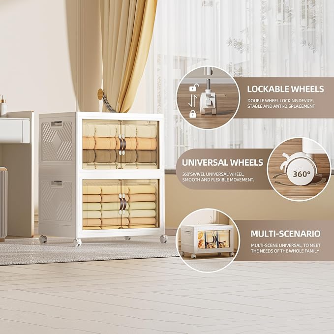 168 QT / 42 Gal Heavy Duty Double Door Storage Cabinet - Magnetic Closure, Foldable Stackable Design with Wheels & Leather Handles, Plastic Organizer for Garage/Bedroom