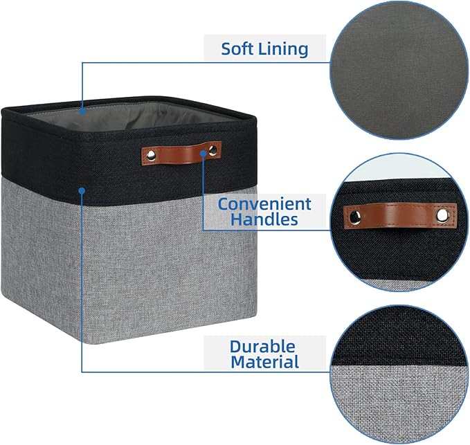 Temary Storage Baskets 12x12 Fabric Cube Storage Bins, 4 Pack Large Baskets with Handles, Baskets for Organizing Towels, Blankets, Collapsible Storage Basket (Black&Gray)