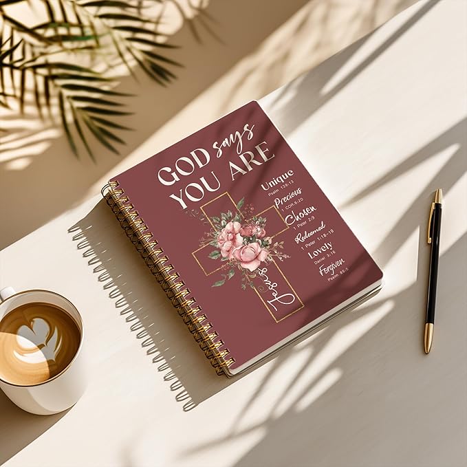 Bible Notebook, A5 Spiral Christian Journal with Floral Pink Butterfly Notebook, Bible Verse-God Says You Are, Inspirational Notebooks for Women, Bible Study, Gift for Birthday Christmas