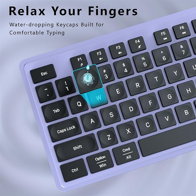 Wireless Keyboard and Mouse Combo, COVEVA 2.4GHz Wireless Keyboard Mouse with USB Receiver, Water-Dropping Keycaps, 104 Keys Full Size with Number Pad for PC Laptop Computer Desktop(Black Purple)