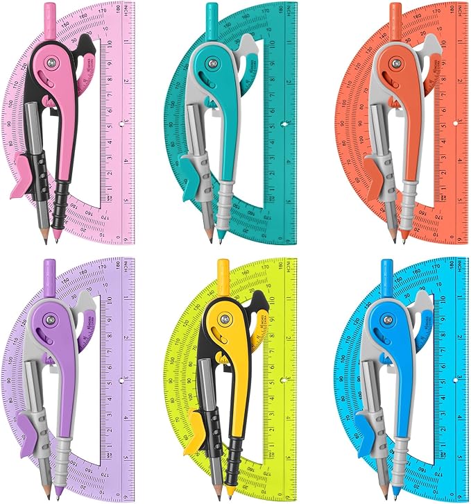 Chengu 6 Set Compass and Protractor Set, Multicolor Compass Geometry Tool 6 Inch 180 Degree Translucent Protractors for Geometry, Math Graphing Drawing Tools for Office and School Supplies