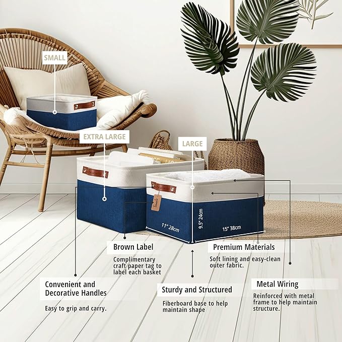 DECOMOMO Storage Baskets for Shelves - Fabric Storage Bins, Linen Closet Organizers and Storage (Navy Blue & White, Large - 4 Pack)