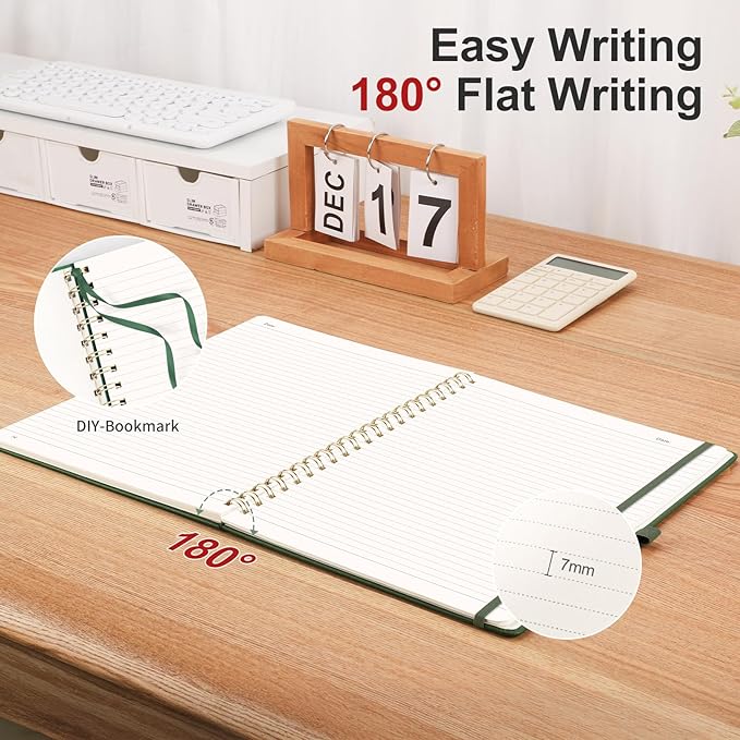 AHGXG Lined Spiral Notebook 8.5" x 11", A4 Large Notebooks for Women Men, Hardcover Leather Notebook College Ruled, 100 GSM Thick Paper, Notebooks for Work School Note Taking Writing, Green