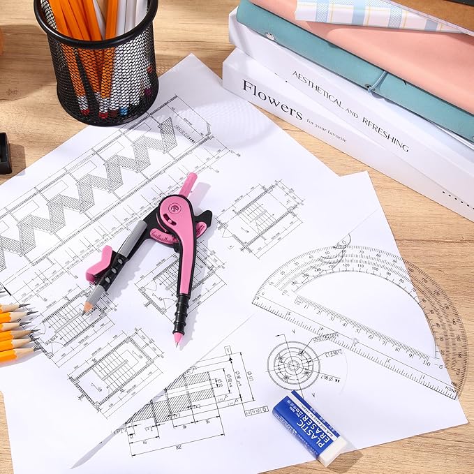 EBOOT Student Geometry Math Set, Drawing Compass and 6 Inch Clear Swing Arm Protractors 180 Degree Math Protractor(Pink)