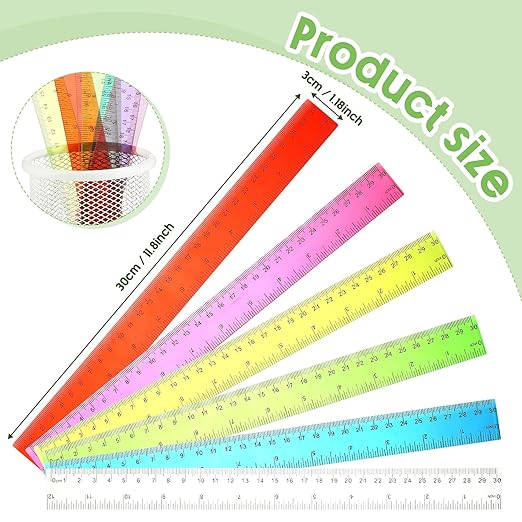 Fumete 300 Pack 12 Inch Plastic Rulers Bulk for Classroom Back to School Supplies Flexible Transparent Assorted Color Ruler with Centimeters and Inches for Office Teacher Student