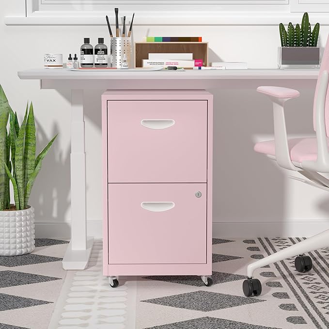 2 Drawer Mobile File Cabinet with Lock, Metal Filing Cabinets with Wheels, Pink Rolling Storage Cabinet, Under Desk Vertical File Cabinet for Home Office, Lockable Steel Two Drawer for Letter Size