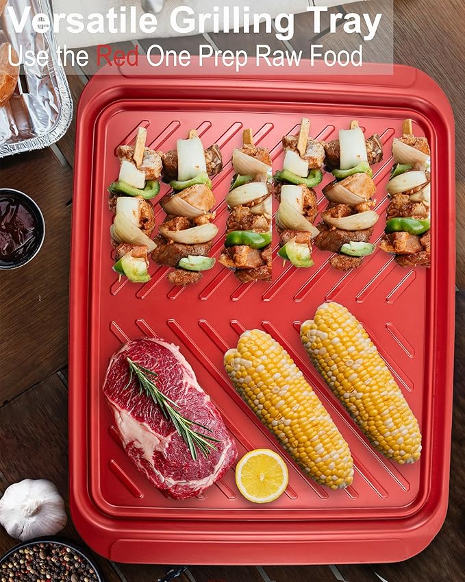 Large Grilling Prep and Serve Trays, 17.3" x 13" BBQ Platters for Raw and Cooked Food, Melamine Serving Trays for Food, Set of 2, Black and Red