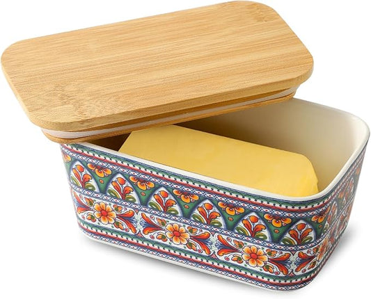 Hasense Bohemian Butter Dish, Farmhouse Ceramic Butter Dish with Lid for Fridge, Butter Container Holder with Cover or Fridge,Silicone Sealing, Holds Two Sticks of Butter, Green