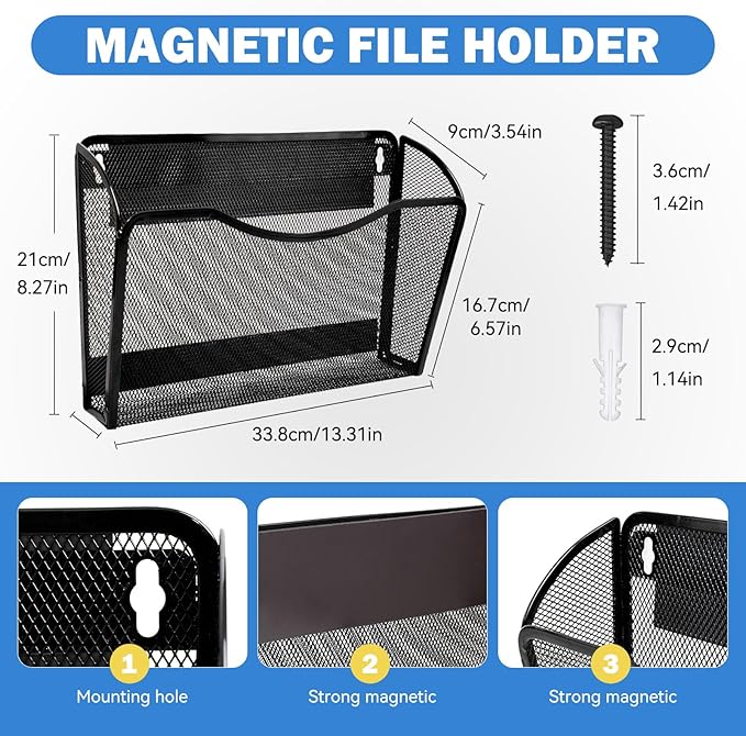 2-Pack Magnetic File Holder-File Folder Organizer, No Drilling Paper Document Holder, Large Capacity Office Hanging Magazine Rack for Refrigerator, File Cabinets, Whiteboard, Office