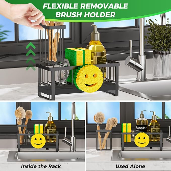 Sponge Holder for Kitchen Sink,Sink Caddy with Removable Dish Brush Holder,Self-Draining Kitchen Countertop Organizers and Storage Essentials,Soap Dispenser Organize and Home Decor-Black