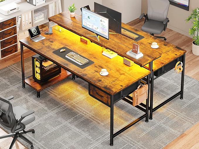 47.2 Inch Office Desk with Power Outlet & Ergonomic Monitor Stand,Gaming Desk with CPU Stand& LED Lights,Computer Desk with Drawer for Home Work,Study Redroom and Gaming,Small Spaces,Rustic Brown