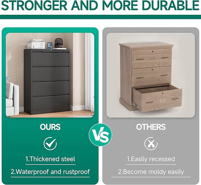 Metal Steel Filling Cabinets for Home Office - 4 Drawer Lockable Lateral File Cabinet for Hanging Files Letter/Legal/F4/A4 Size, Assembly Required - Black