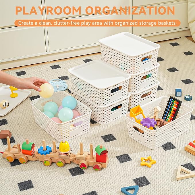 10 Pack Plastic Storage Bins with Lids, Stackable Storage Baskets with Handles, Plastic Organizer Bins with Labels for Desk,Shelves,Office, PlasticContainer Bins for Pantry Organizers and Storage