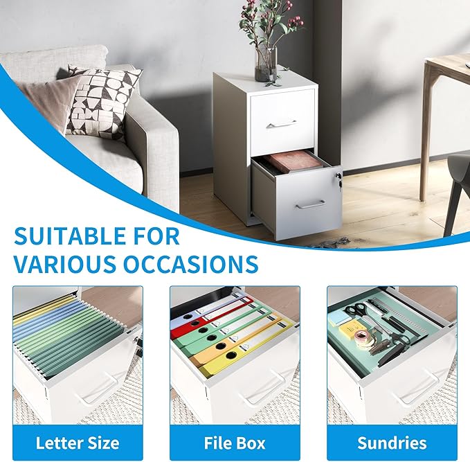 2 Drawer File Cabinet with Lock, Vertical Metal Filing Cabinet Under Desk Storage, Small Locking File Cabinets for Home Office, Legal Letter Folders Storage, Easy Assemble(White)