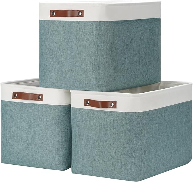 DULLEMELO Large Storage Baskets, Storage Basket with Handles for Shelves, Linen Closet Organizers for Home Office, Decorative Storage Baskets for Toys Storage (3 Pack, White&Deep Green)