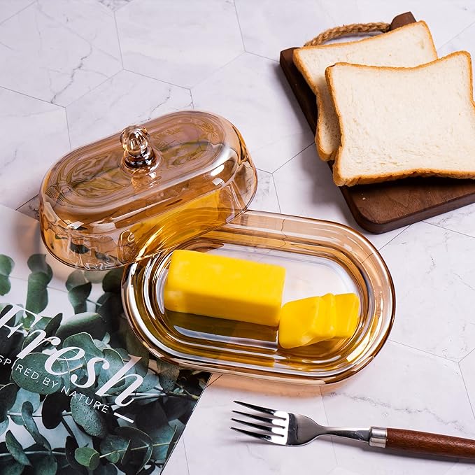 7.5" Glass Butter Dish with Lid for Countertop, Elegant Champagne-Colored Crystal Butter Stick Holder Container