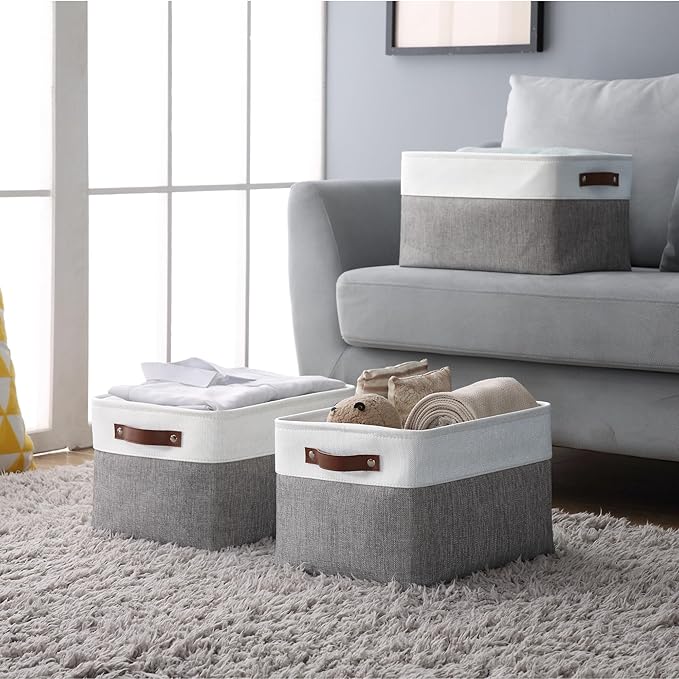 DECOMOMO Storage Baskets for Shelves - Fabric Storage Bins, Linen Closet Organizers and Storage (Grey & White, Large - 3 Pack)