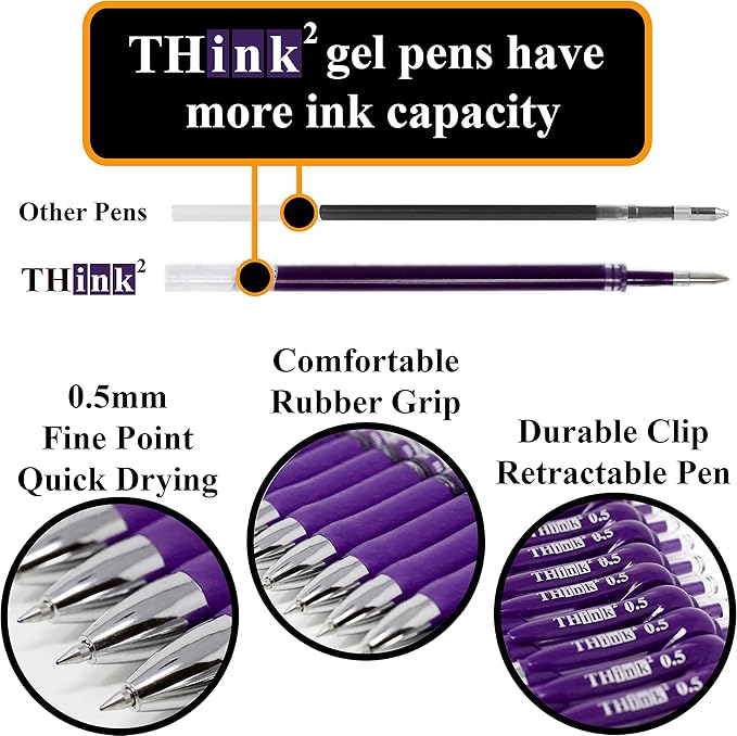 THINK2MASTER [24 Pens - Purple Ink] Think2 Retractable Gel Pens. (24 Purple) Fine Point (0.5mm) Rollerball Pens with Comfort Grip.