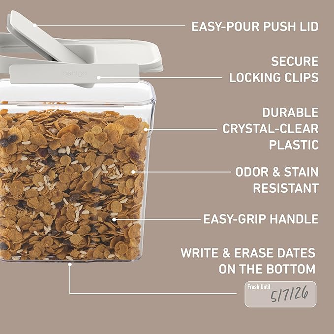 Bentgo Pantry - 6-Piece Airtight Cereal Containers, Easy Push & Pour Lid, Stackable & Clear BPA-Free Storage, Locking Lids for Freshness – Ideal for Kitchen & Pantry Organization (Snow)