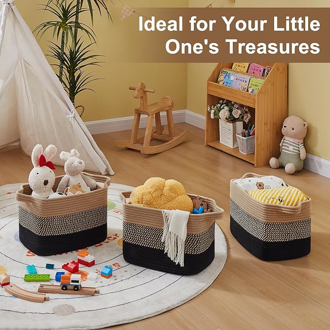 Storage Basket for Organizing, Woven Baskets for Storage, Rectangle Decorative Baskets for Shleves, Closet, Toys, Books, Nursery Organizer Bins - Pack of 3 (Black & Brown, 13"x9.85"x8.7")