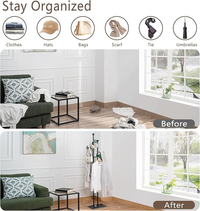 Free Standing Coat Rack with Marble Base & 8 Hooks Heavy Duty Clothes Rack for Entryway Bedroom Living Room Hotel 14.96 x 10.24 x 68.9 Inches (Black)