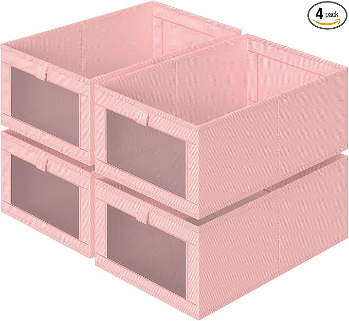 Criusia 4 Pack Linen Closet Organizers and Storage, Closet organizer Large Linen Closet Baskets for Organization, Foldable Storage Containers for Towels, Clothing, Jeans, Books, Shelves, Pink
