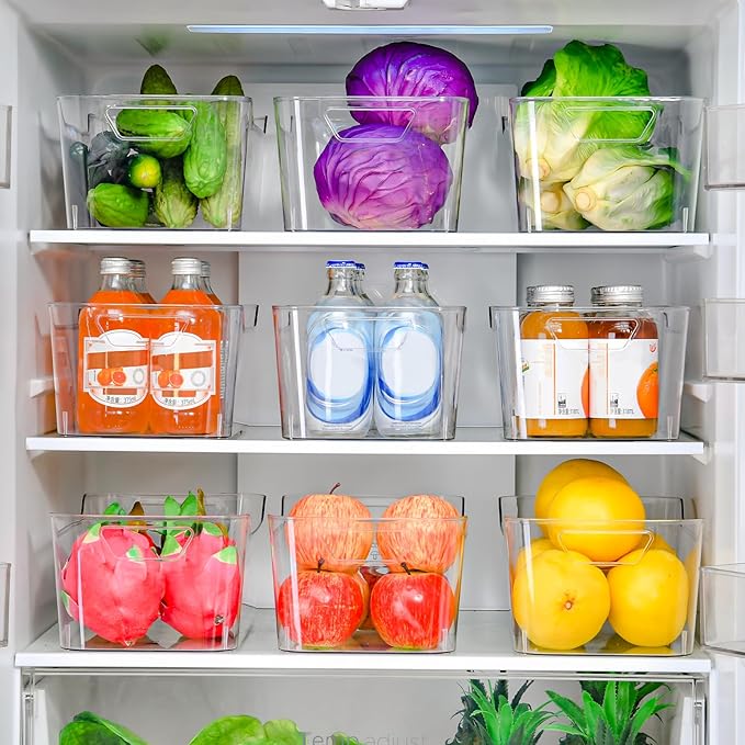 Clear Plastic Storage Bins - 12 Pack Pantry Organizers and Storage,Large Clear Pantry Organizer Bins, Plastic Containers with Handle for Kitchen,Freezer,Cabinet,Closet,Bathroom Under Sink