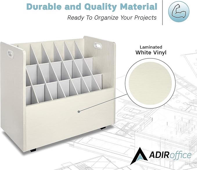 AdirOffice Adir Blue Print Storage Organizer - Mobile Roll File Cart, Construction Plan Holders, Blueprint Cabinet with Wheels, Roll Files Storage for Office and Home (21 Slots, White)