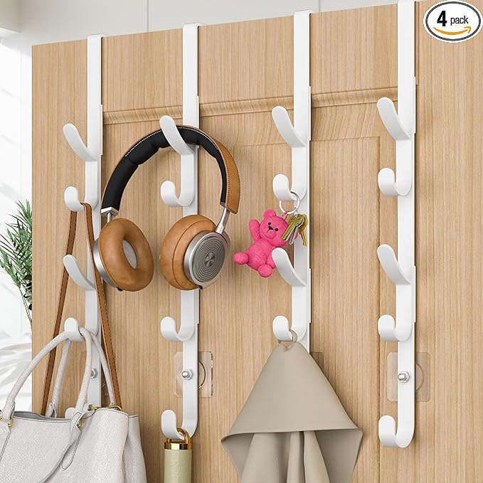 Over The Door Hooks, Metal Door Hooks for Hanging, Over The Door Purse Organizer for Coat Hanger, Back of Shower Door for Hanging Towel Rack Clothes, Hat, Bathroom, Closet (White-4Packs)