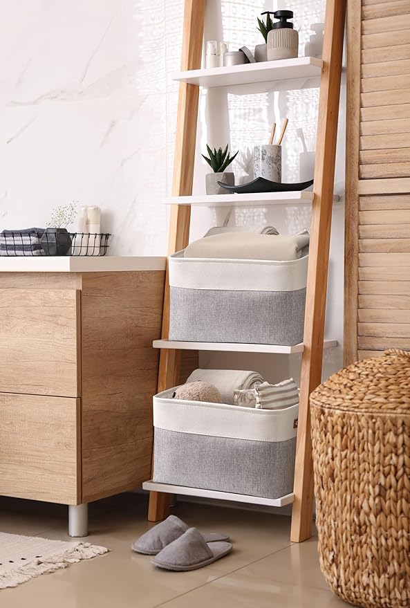 DECOMOMO Storage Baskets for Shelves - Fabric Storage Bins, Linen Closet Organizers and Storage (Grey & White, XL - 3 Pack)