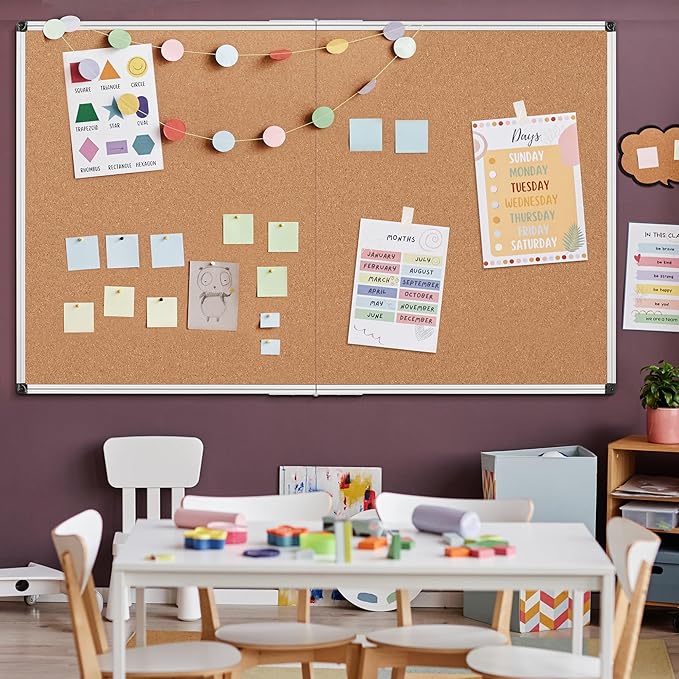 Board2by Extra Large Cork Bulletin Board 72" X 48", Foldable Notice Pin Board for Wall, Silver Aluminum Framed 6'x4' Corkboard, Wall Mounted Noticeboard with 36 Push Pins for School, Home & Office