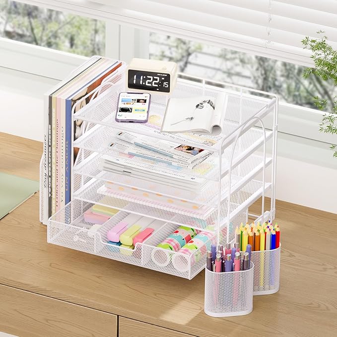 Desk Organizers and Accessories, 5-Tier Paper File Organizer with Drawer & Pen Holder, Office Desk Accessories Workspace Desktop Organizer for Office Supplies (White)