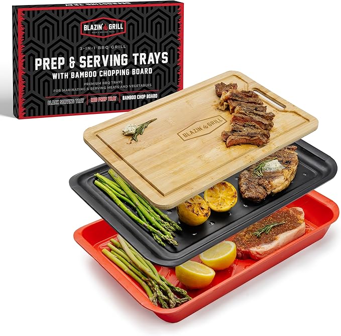 BLAZIN' GRILL Prep and Serving Trays | Set of 3 Stackable, Melamine Trays with Bamboo Cutting Board | Trays for Marinating, Serving & Chopping | Serving Platter for Plating Food & BBQ Prep Tub |