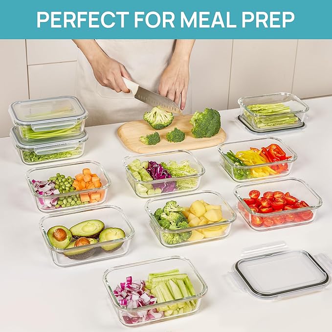 Vtopmart 10 Pack 35oz Glass Food Storage Containers with Lids, Meal Prep Containers, Airtight Reusable Lunch Container Set, Safe for Oven, Microwave, Freezer, and Dishwasher, Grey