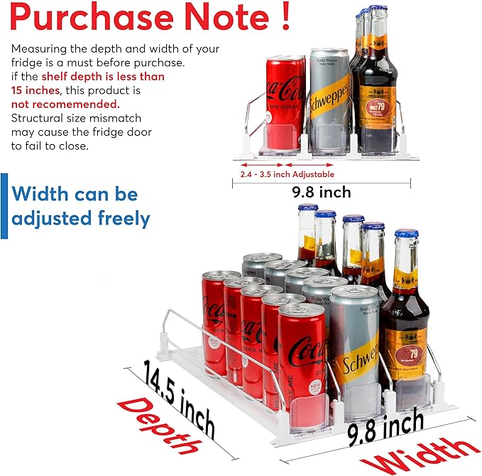 Dwella Drink Organizer for Fridge – 3-Tier Can Dispenser for Fridge, Self-Pushing Drink Dispenser Fridge, Adjustable Width Durable Soda Can Organizer for Refrigerator