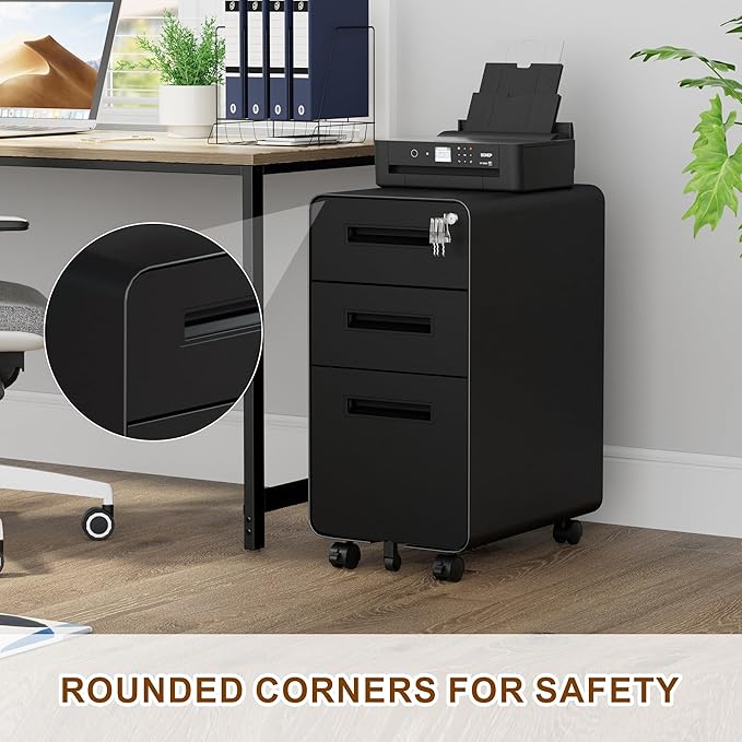 3 Drawer File Cabinet with Lock and 4 Keys, Mobile Metal Filing Cabinet, File Cabinets for Home Office, Under Desk, Pre-Assembly, File Drawer, Letter/Legal/A4 Hanging File Folders
