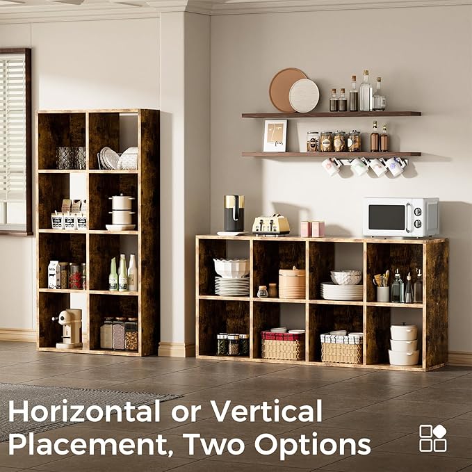 COMHOMA 8 Wood Cube Storage Organizer with Open Back and Removable Back Panels, 11In Brown Cube Storage Bookshelf, Cubicle Shelf Bookcase for Home Office Bedroom Living Room, Vertical or Horizontal