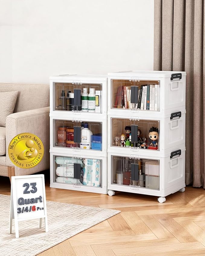 OlarHike 23QT Stackable Storage Bins with Lids - Folding Storage Box with Doors and Wheels, Collapsible Plastic Storage Drawers for Closets, 6 Pack Cubes