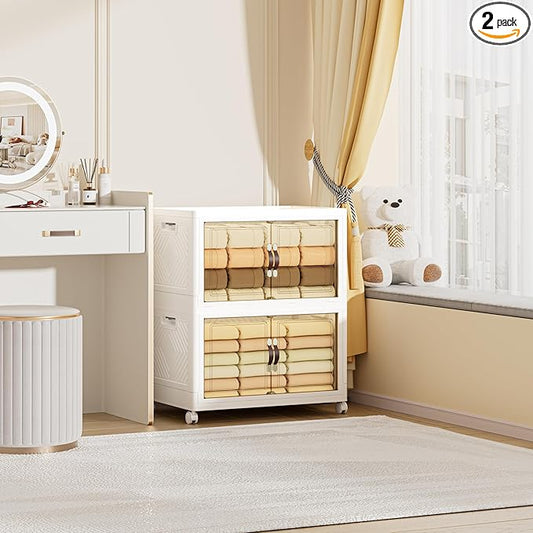 168 QT / 42 Gal Heavy Duty Double Door Storage Cabinet - Magnetic Closure, Foldable Stackable Design with Wheels & Leather Handles, Plastic Organizer for Garage/Bedroom