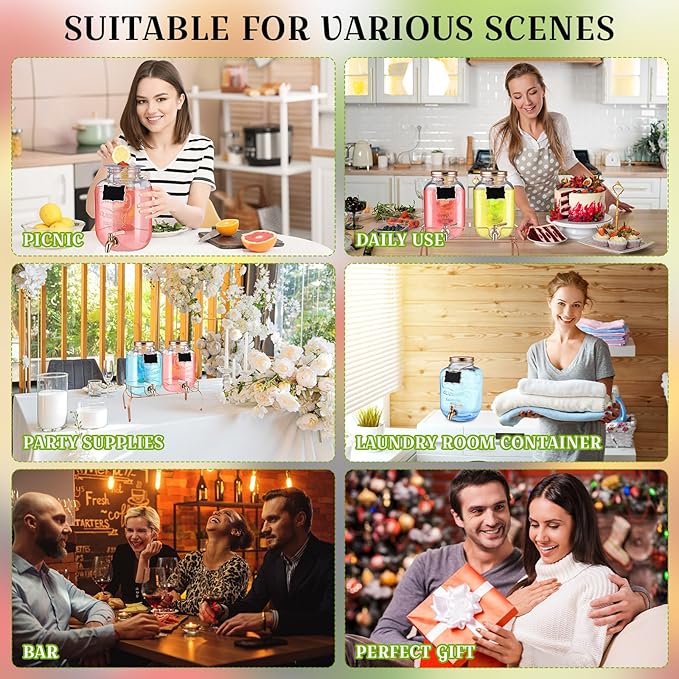 Lallisa 2 Pcs 2 Gallon Glass Drink Dispenser with Stand Ice Cylinder Hanging Chalkboard Signs 18/8 Stainless Steel Spigot Beverage Dispensers for Parties Mason Jar Drink Lemonade (Rose Gold)